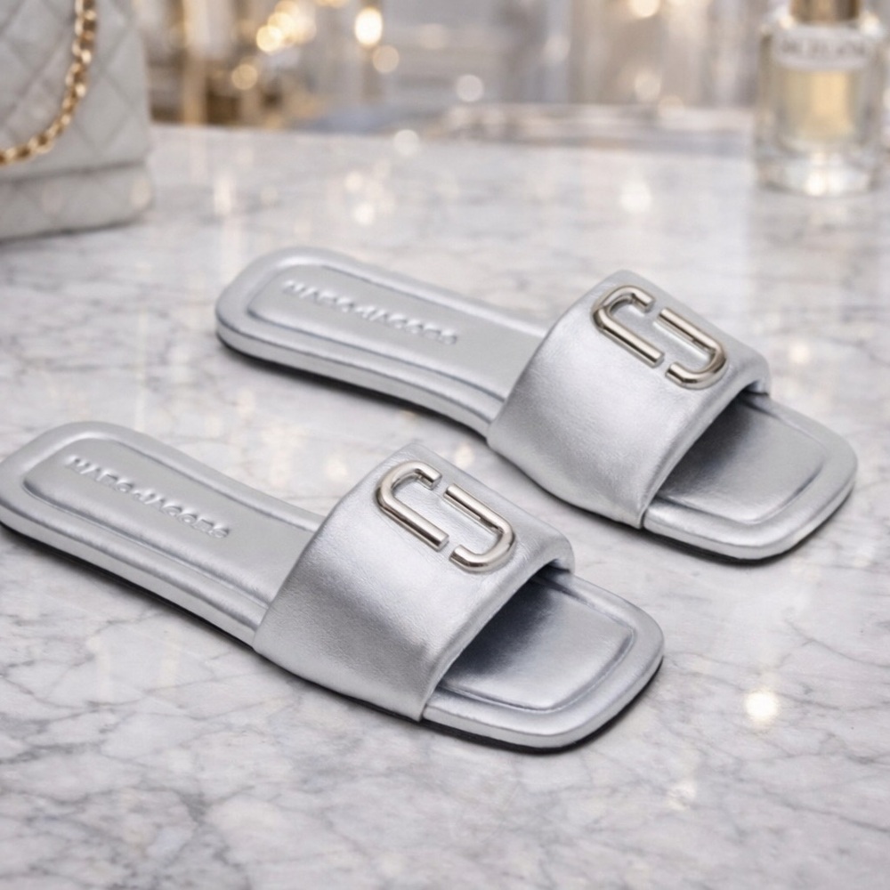 Marc Jacobs The J Marc Metallic Silver Slide Sandals